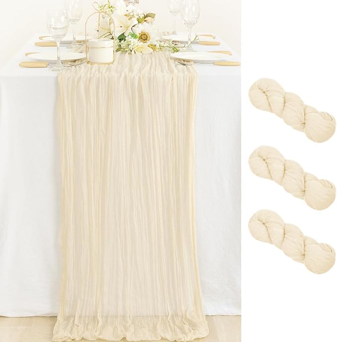 MLMC 3 Pack Beige Cheesecloth Table Runner 10ft Rustic Boho Gauze Cream Table Runner Bulk Decor 35x120 Inches for Wedding Bridal Baby Shower Party Decor