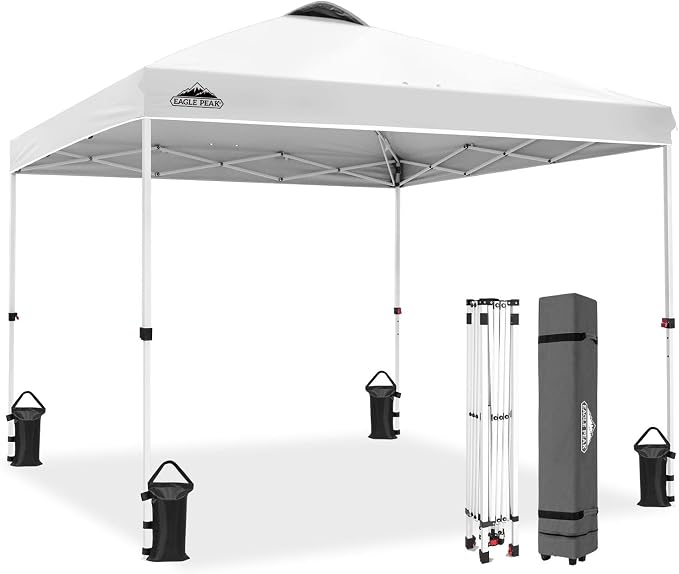 EAGLE PEAK Pop Up Canopy Tent with Wheeled Carry Bag, 8 Stakes, 4 Ropes, 4 Weight Bags, Easy Set Up Tent Canopy, 10x10 ft, 100sqft of Shade, White
