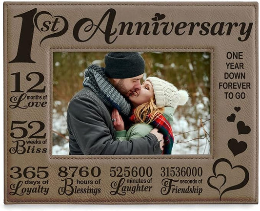KATE POSH Our First (1st) Anniversary Engraved Leather Picture Frame - Gifts for Couple, Gifts for Him, Gift for Her, Paper Anniversary, Photo Frame, First Wedding Anniversary (4x6-Horizontal)