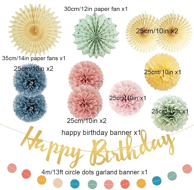 Pastel Birthday Decorations Retro Boho Rainbow Party Decor with Happy Birthday Banner Sage Green Dusty Pink Blue Yellow Cream Paper Pom Poms Paper Lanterns for Women Girls Boys
