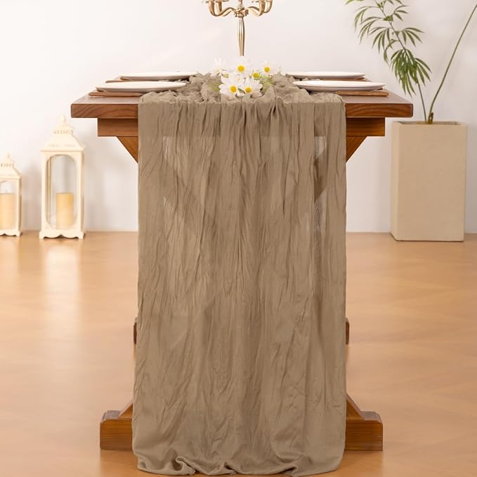 Socomi 3pcs Nude Brown Cheesecloth Table Runner Summer Boho Rustic Gauze 120 inch 10FT Cheese Cloth Sheer Runner for Wedding Party Baby Shower Birthday Home Decor Holiday Decorations