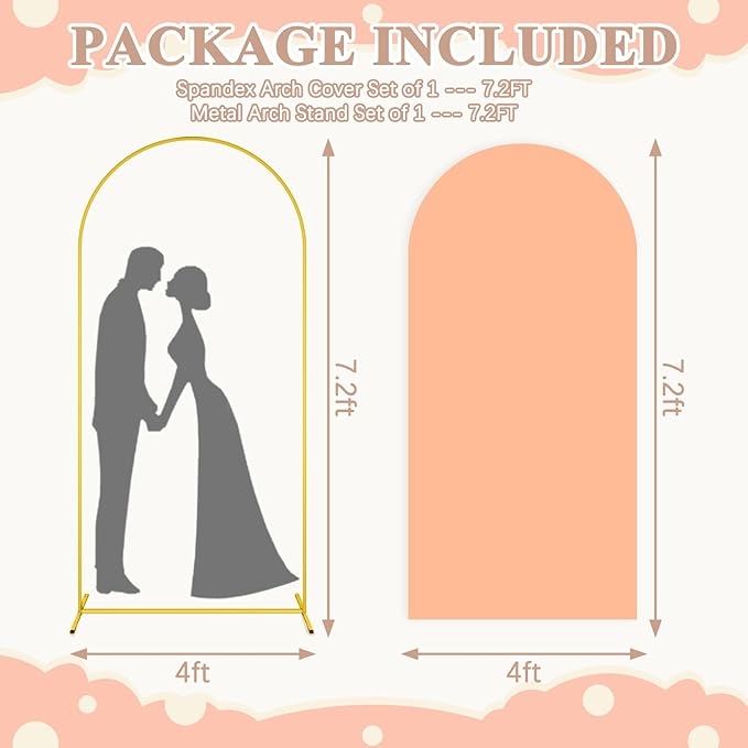 Metal Arch Backdrop Stand and Cover Set 7.2FT Gold Balloon Backdrop Arch Stand with Covers Peach Backdrops Covers Arch Spandex Arch Stands Cover for Birthday Party Banquet Graduation Decor