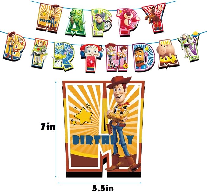 Toy theme birthday decorations,145 Pcs party supplies.Include Birthday Banner, Backdrop, Hanging Swirls, Balloons, Cupcake Toppers, Tablecloth.