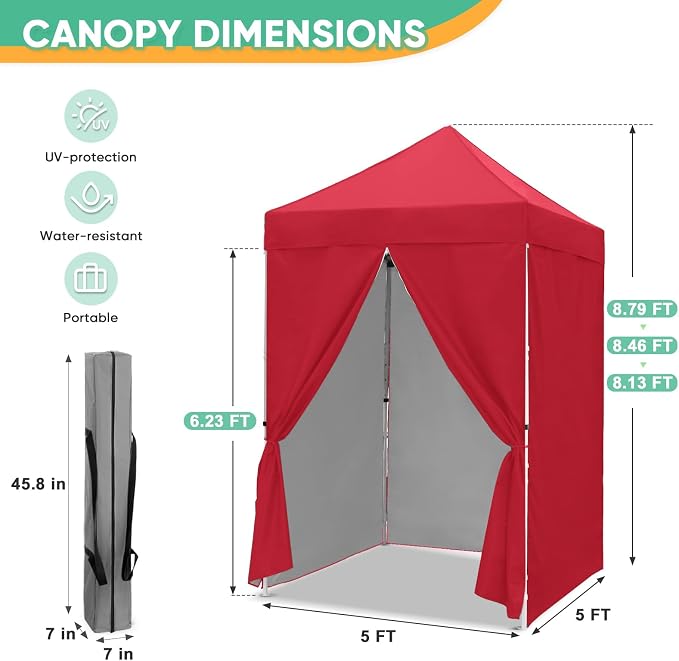 5x5 Pop Up Canopy Tent with Four Sidewalls, Instant Portable Beach Canopy, Outdoor Tent with Carry Bag for Camping, Sports, Tailgating, Events, Red