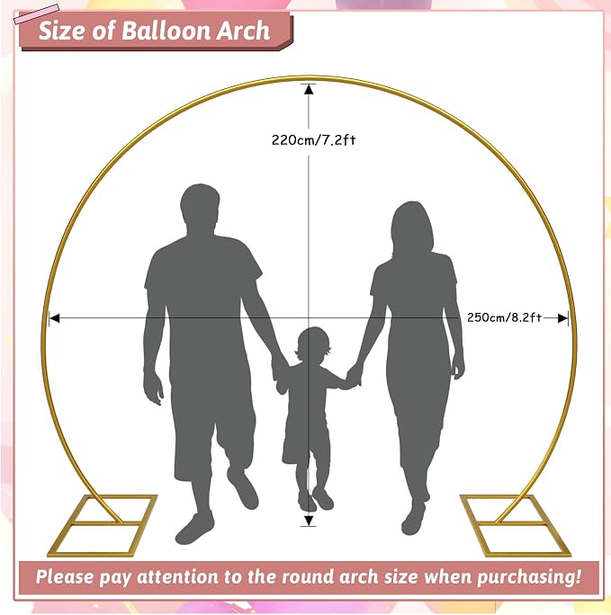 Balloon Arch Stand Kit, 8.2ft (2.5m) Metal Round Backdrop Stand Frame Set: Half Circle Gold Balloon Arch for Birthday Party Baby Shower Wedding Graduation Decoration (Golden)