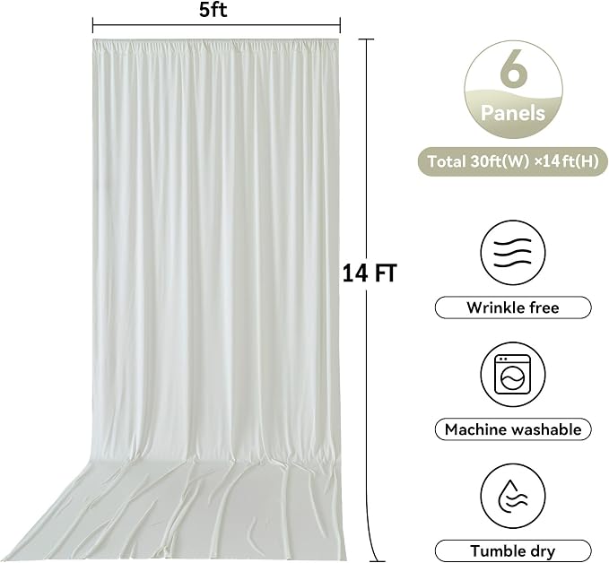 30ftx14ft Ivory Backdrop Curtains for Parties, Wrinkle Free Polyester Ivory Photo Backdrop Drapes 6 Panels 14 ft Long Back Drop Cloth for Wedding Birthday Photography Background Party