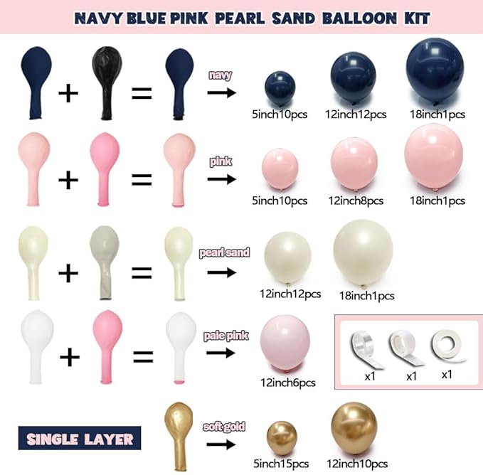 Navy Blue Pink Gold Balloon Arch Kit Double Stuffed Dark Blue, Pastel Light Pale Pink, White Sand Pearl Balloon Garland for Birthday Baby Shower Gender Reveal Wedding Graduation Party Decoration