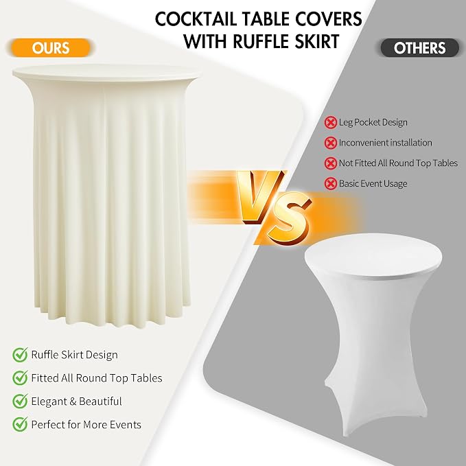 2 pk Ivory Cocktail Table Cloth Round 32×43in-High Top Highboy Bar Cocktail Tablecloths-Wrinkle Free Stretchy Fitted Spandex Table Covers with Ruffle Desk Skirt for Wedding Banquet Party Tables