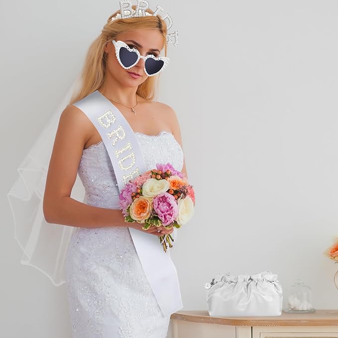 Cinrobiye 6 Pcs Bride to Be Gift Set, Bachelorette Party Accessories, Bridal Shower Veil Crown Sash Sunglasses Set, Bride to Be Tiara & Photo Booth Props Wedding Party Decorations