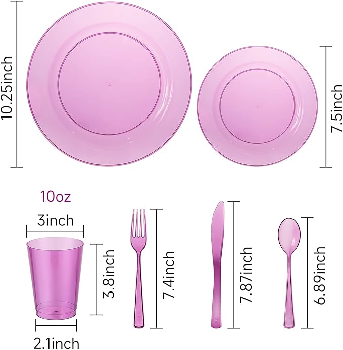 WDF 25 Guest Purple Plastic Plates with Disposable Silverware & Plastic Cups include 25 Neon Clear Purple Dinner & Salad Plates,25Forks, 25Knives,25 Spoons,25Cups for Party
