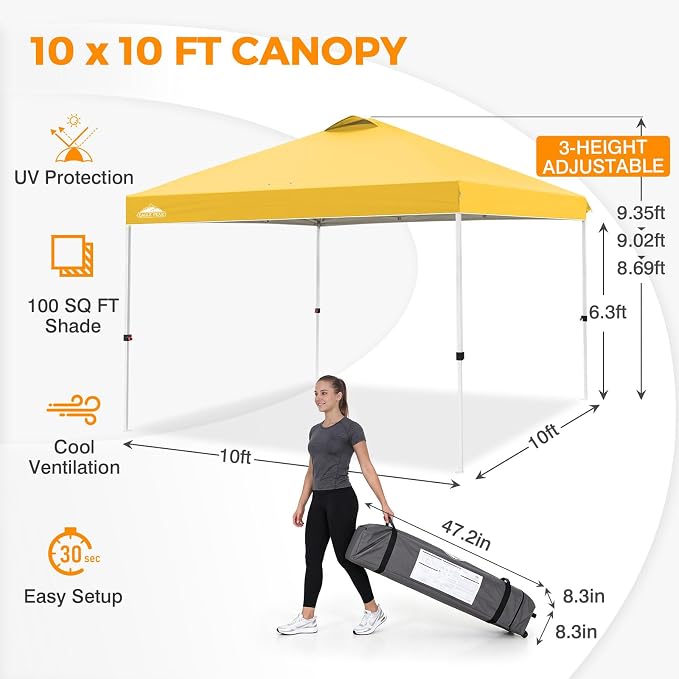 EAGLE PEAK Pop Up Canopy Tent with Wheeled Carry Bag, 8 Stakes, 4 Ropes, 4 Weight Bags, Easy Set Up Tent Canopy, 10x10 ft, 100sqft of Shade, Yellow