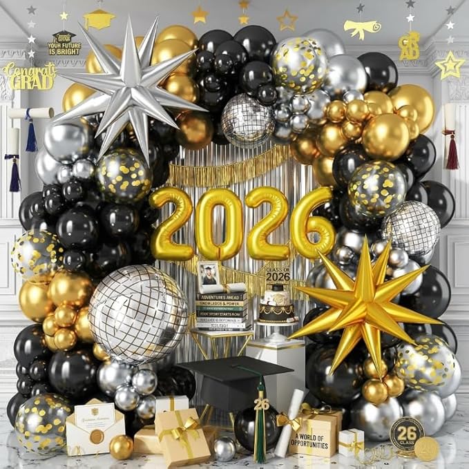 2026 Graduation Balloon Garland Arch Kit, Black Gold Silver Balloon Arch Class of 2026 Graduation Decorations Disco Star Balloons for Grad Celebrations Birthday Party Decorations