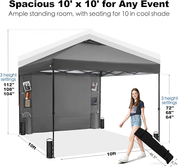 GAFETE 10×10 Pop Up Canopy Tent with 1 Pockets Sidewall, Easy up Sun Shade with One Push Setup, Portable Instant Outdoor Canopy Tent for Events Parties Camping with Carrying Bag (Gray, 10x10 FT)