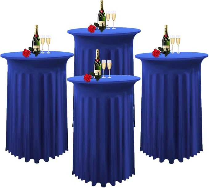 Albassa 4 Pack Cocktail Table Covers 32"x 43" Spandex Stretch Round Cocktail Tablecloths with Wavy Drapes Fitted High Top Bar Table Skirt for Wedding Party Banquet (Royal Blue, 4 PCS)