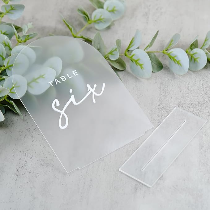 Frosted Arch Wedding Table Numbers 1-15 with Stands, 5x7 Inch Acrylic Arch Sign with Raised White Numbers, 3D Frosted Acrylic Table Numbers for Wedding Reception