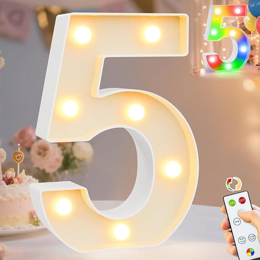 Pooqla LED Light Up Numbers 5, Warm White and Colorful Lighted Marquee Numbers with Remote, Lighted Numbers for 5th 50th Birthday Decorations, Gift for Girls Boys Her Him Anniversary Home Party Decor