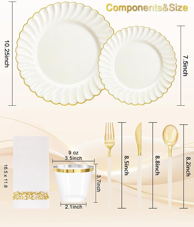 Ciaell 175 PCS Ivory Scalloped Plastic Plates - Gold Disposable Plates Fancy High-end Dinnerware Sets for Wedding & Party (25 Guests)