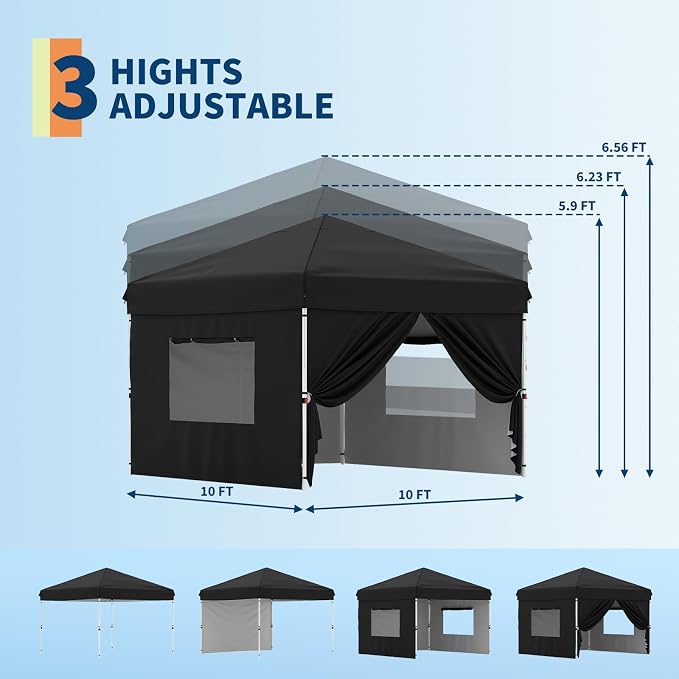 GarveeLife Pop Up Canopy Tent with 4Pcs Sidewalls, Portable Instant Commercial Canopy with 4 Stakes, 4 Ropes, 4 Sandbags for Farmers' Market, Patio, Outdoor, Camping, Black