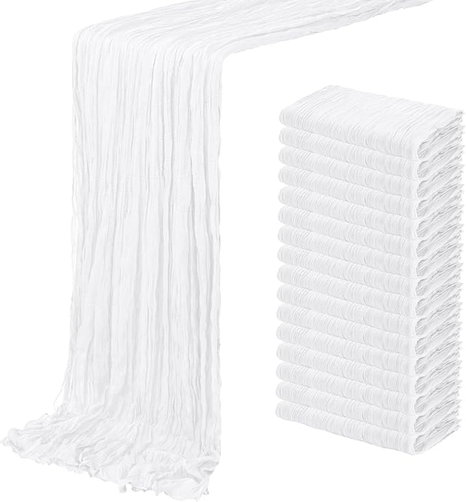 16 Pack White Cheesecloth Table Runner 20 x 120 inch Gauze Table Runners 10 FT Long,Semi Sheer Boho Cheese Cloth Fabric Table Runner Bulk for Wedding,Party,Baby Shower,Bridal Shower Decoration