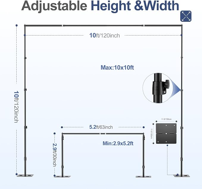 EMART Backdrop Stand,10x10ft(WxH) Adjustable Photo Background Stand with Upgrade Rod,Heavy Duty Flat Base,Metal Pipe and Drape Frame for Wedding,Birthday Party,Event Decorations,Trade Displays