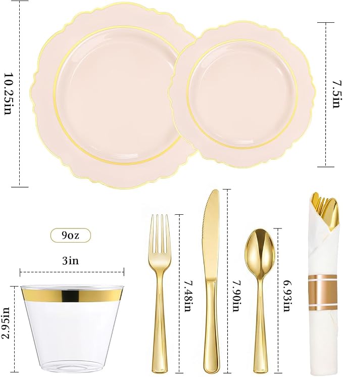 realluck 350 Piece Pink Plastic Dinnerware Set for 50 Guests Elegant Disposable Dinnerware for Weddings, Parties, 100 Plastic Plates, 50 Pre Rolled Napkins with Silverware, 50 Cups
