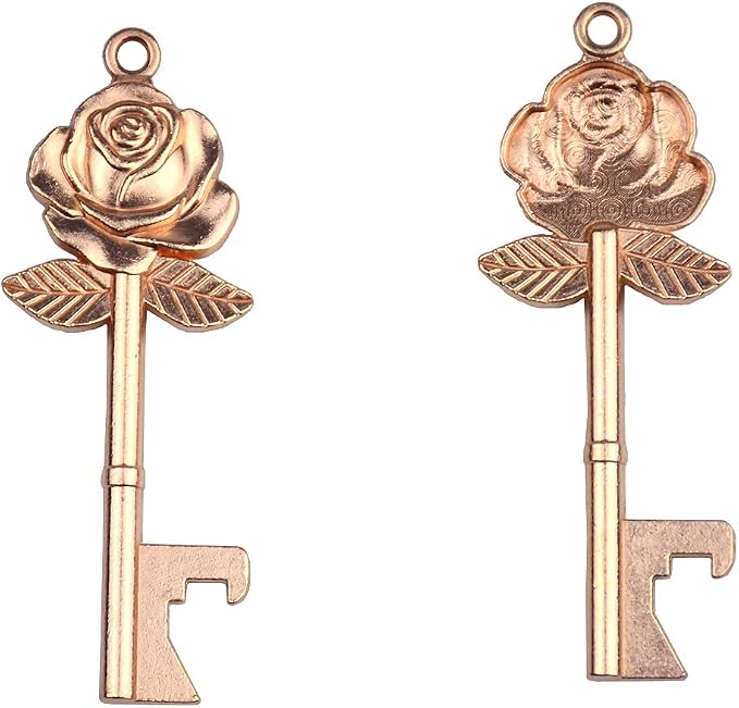 Makhry 50 Set Skeleton Rose Key Bottle Openers with Candy Box In Antique Vintage Style Escort Tags French Ribbon As A Gift Souvenir At Wedding Party Supplies (Rose Gold)