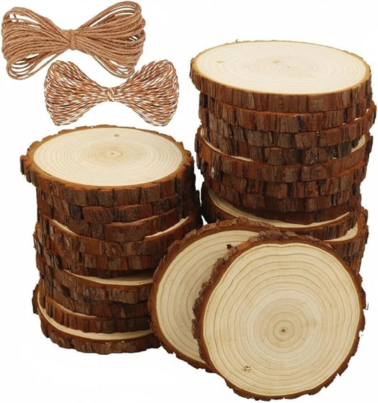 Natural Wood Slices 30 Pcs 3.0-3.5 Inches Craft Unfinished Wood Kit Predrilled Wooden Rounds with Bark, Wood Circles with Hole, Wood Slices for Crafts Ideal for DIY Projects, Christmas Ornaments