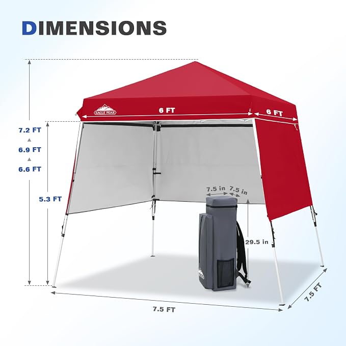 EAGLE PEAK Day Tripper 8x8 Aluminum Super-Lightweight Slant Leg Pop Up Canopy with 3 Removable Walls, Instant Outdoor Backpack Canopy Tent, Outside Beach Folding Sun Shelter, 8x8 Base 6x6 Top, Red