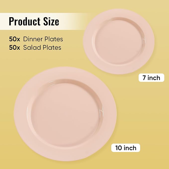 Fijinhom 100PCS Pink Disposable Plates for 50 Guests Including 50PCS 10" Dinner Plates & 50PCS 7" Dessert Plates, Pink