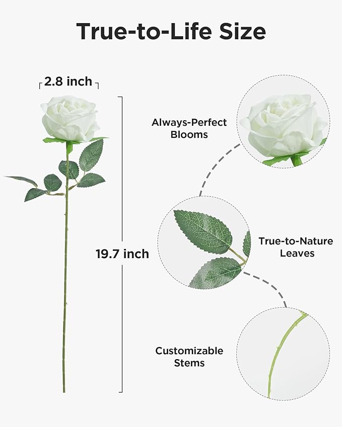 InnoGear 50 Pcs White Roses Artificial Flowers, Fake Velvet Silk Rose Bulk Faux Flower for Mother's Gift Decoration DIY Wedding Centerpieces Proposal Bridal Bouquets Party Floral Decor (50, White)