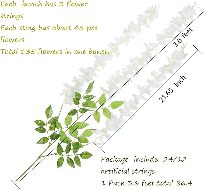 U'Artlines 36 Pack (Total 139 Feet) Artificial Fake Wisteria Vine Rattan Hanging Garland Silk Flowers String Home Party Wedding Decor (36, White)