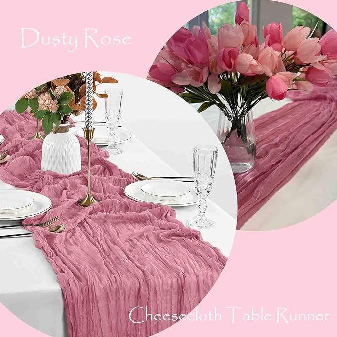 12 Pack Dusty Rose Table Runner, 35x120 Inch Pink Cheesecloth Table Runner with Wrinkle 10ft Long Boho Rustic Gauze Sheer Cheese Cloth for Wedding Party Bridal Baby Shower Table Decor