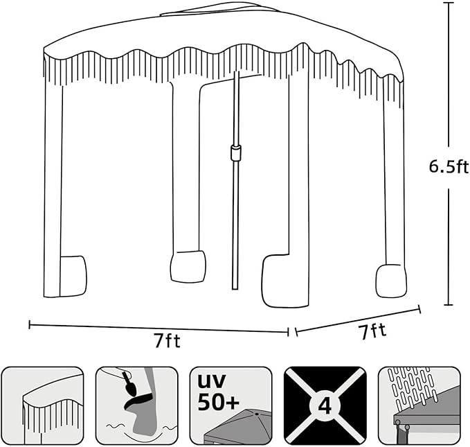 AMMSUN Beach Cabana with Beach Blanket, 7' x 7' Boho Canopy with Tassels, Premium Wood Pole, Fringe Cabana Tent with Sand Pockets, Instant Sun Shade for Sand, Garden, Outdoor, Rose Pink Stripes