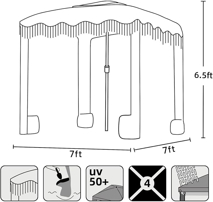 AMMSUN Beach Cabana with Fringe, 7' x 7' Boho Beach Canopy with Tassels, Easy Set up & Premium Wood Pole, Cabana Tent with Sand Pockets, Instant Sun Shade for Sand, Garden, Patio, Beige
