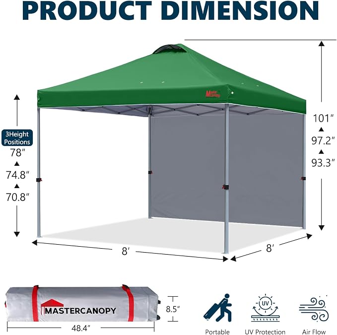 MASTERCANOPY 8x8 Pop Up Canopy Tent with 1 Sidewall, 1 Person Setup Instant Shelter, Outdoor Portable Beach Canopy, 1 Roller Bag, 4 Sandbags, 4 Ropes, 8 Stakes (8x8, Forest Green)