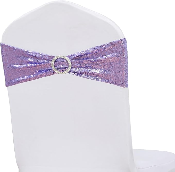 Sequin Lavender Chair Sashes for Wedding Decor, Light Purple Chair Bands with Buckles, Sequins Chair Bows Ties for Party Ceremony Event Christmas Decorations, 50 Pack