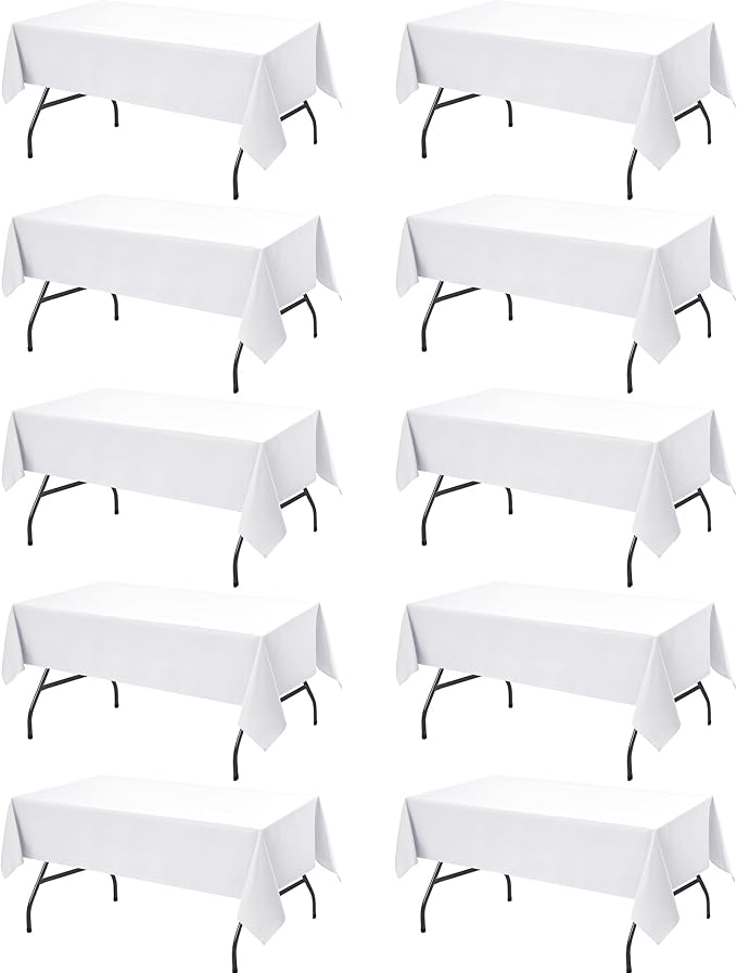10-Pack White Tablecloths for Rectangle Tables, 60 x 84 Inches, Stain-Resistant Polyester Fabric for 4 Foot Tables - Washable Table Covers for Weddings, Banquets, Birthday Parties, Events
