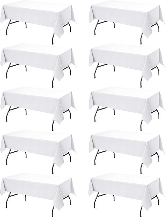 10-Pack White Tablecloths for Rectangle Tables, 60 x 102 Inches, Stain-Resistant Polyester Fabric for 6 Foot Tables - Washable Table Covers for Weddings, Banquets, Birthday, Parties, Events