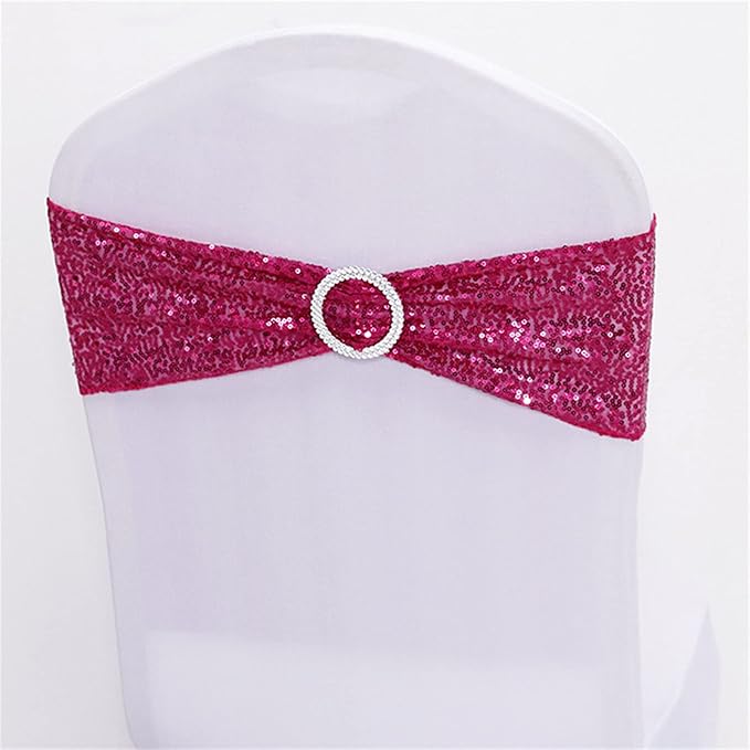 Dimatic 10 PCS Stretch Sequin Chair Sashes Chair Stretchy Spandex Bands for Wedding Reception Events Banquets Chairs Decoration (Magenta)