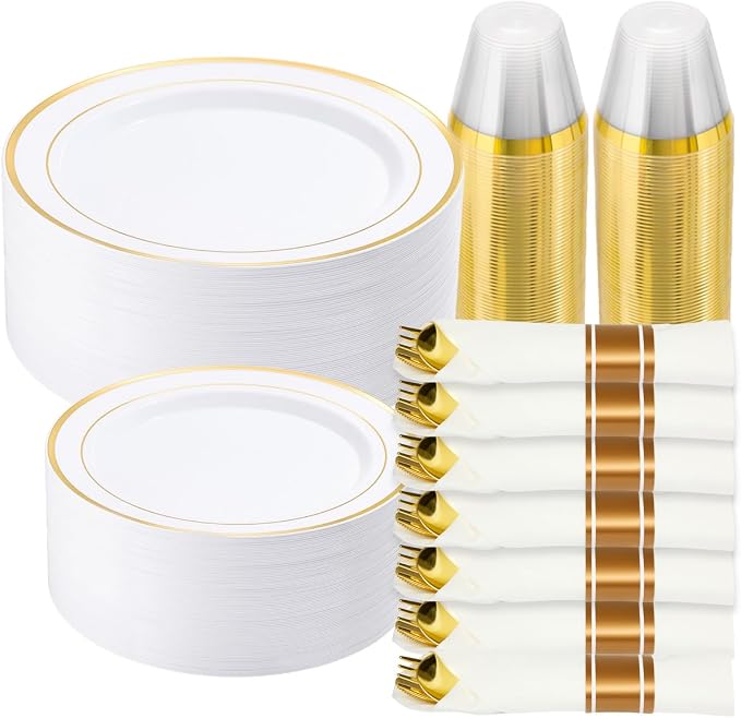 Goodluck 490 Piece Gold Plastic Dinnerware Set for 70 Guests, Disposable Plates for Party, Include: 70 Dinner Plates, 70 Dessert Plates, 70 Pre Rolled Napkins with Silverware, 70 Cups