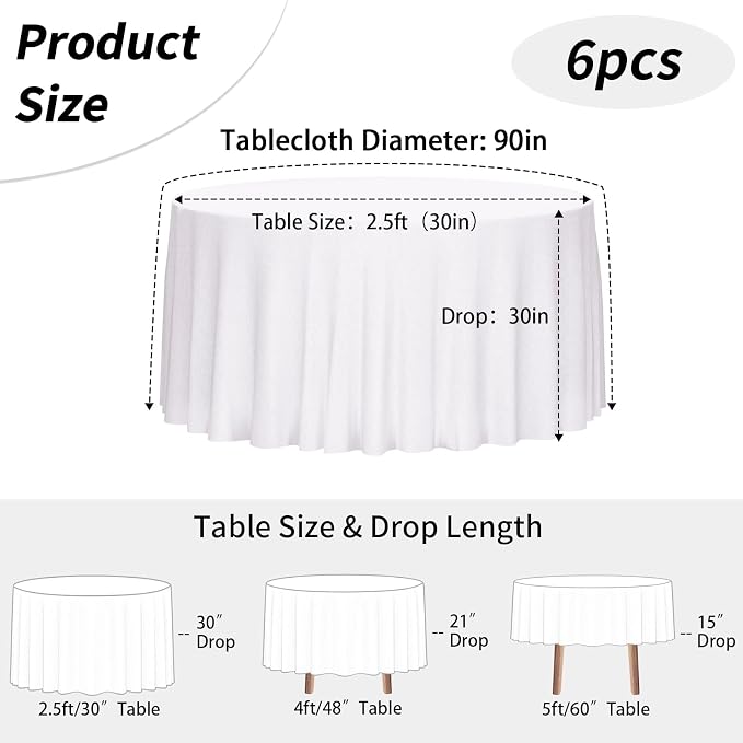 Fixwal 2 Pack White 90 Inch Round Tablecloths, Reusable Heavy Duty Washable Polyester Table Covers for Wedding, Party, Birthday, Outdoor, Picnic, Camping, Fits 30-60 Inch Tables