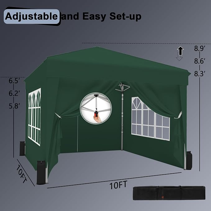 10x10 Pop Up Canopy Tent with Sidewalls x 4 – Easy Setup Canopy Tent, Waterproof, UV-Resistant, Portable with Carry Bag for Outdoor Events, Camping, and Backyard Parties – Dark Green