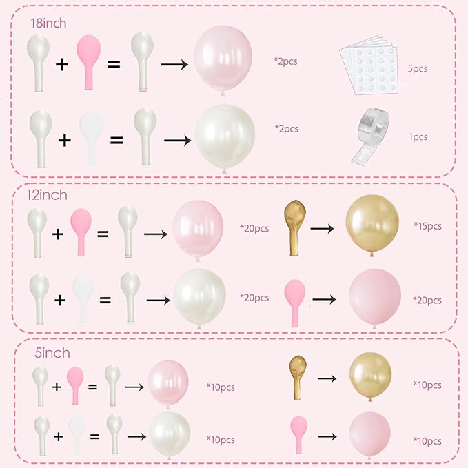Pink White Gold Balloons Arch Kit - 119 PCs Double Stuffed Pearl White Pastel Light Pale Pink Champagne Gold Balloons for Wedding Bridal Shower Birthday Party Decorations for Girls Women