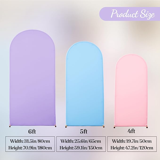 Set of 3 Arch Backdrop Covers(6ft, 5ft, 4ft) - Premium Stretchy Spandex Backdrop Arch Stand Cover for Baby Shower,Wedding,Party Decor Chiara Cover with Double-Sided Design(Pink Blue Lavender)