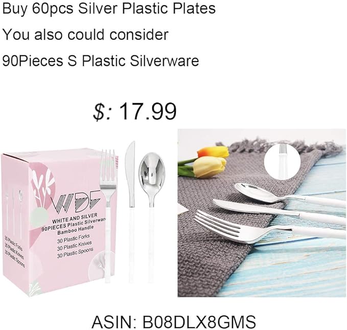WDF 60pcs Silver Plastic Plates-Baroque White &Silver Plates for Upscale Parties &Wedding-including 30Plastic Dinner Plate 10.25inch, 30 Salad Plate 7.5inch for Baby Shower Wedding Spring
