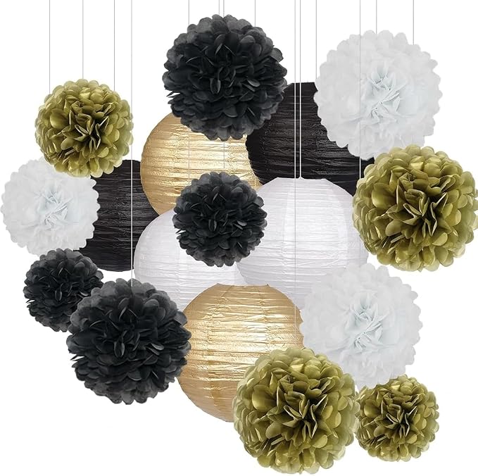 18pcs Black Gold Paper Lanterns Decoration Hanging Paper Décor Pom Poms Paper Flower Party Supply for Graduation Masquerade New Years Birthday Party Decor