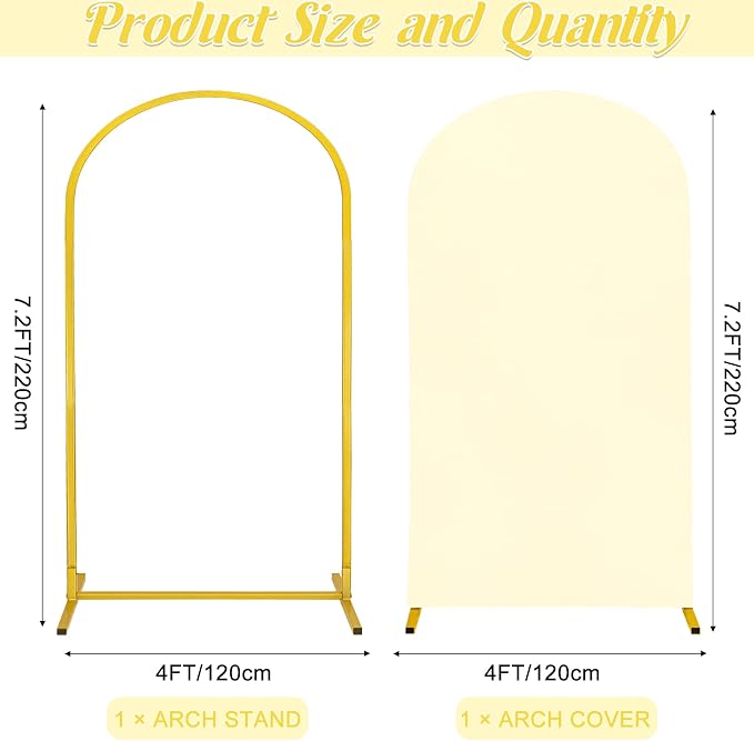 Metal Arch Stand and Cover Set,1 Ivory Spandex Fitted Backdrop with 1 Gold Wedding Arched Stand Frame for Parties Birthday Baby Shower Bridal Banquet Decoration (7.2FT)