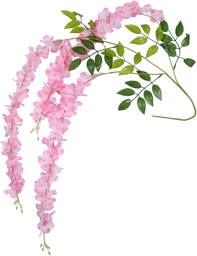 Pauwer Wisteria Hanging Flowers 12 Pack Fake Flower Garland Artificial Wisteria Vines Rattan Silk Flower String Wedding Party Wall Decorations,Pink