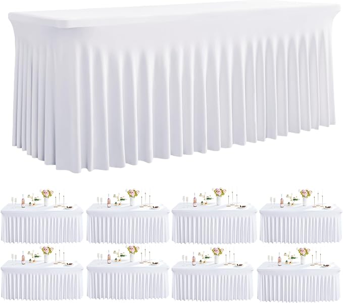 Outpain White Spandex Table Clothes for 6 Foot Rectangle Tables-8Pack 6FT Spandex Fitted Table Cover, Wrinkle Free Tablecloths with Skirt for Parties, Wedding, Birthday, Banquet, Festival