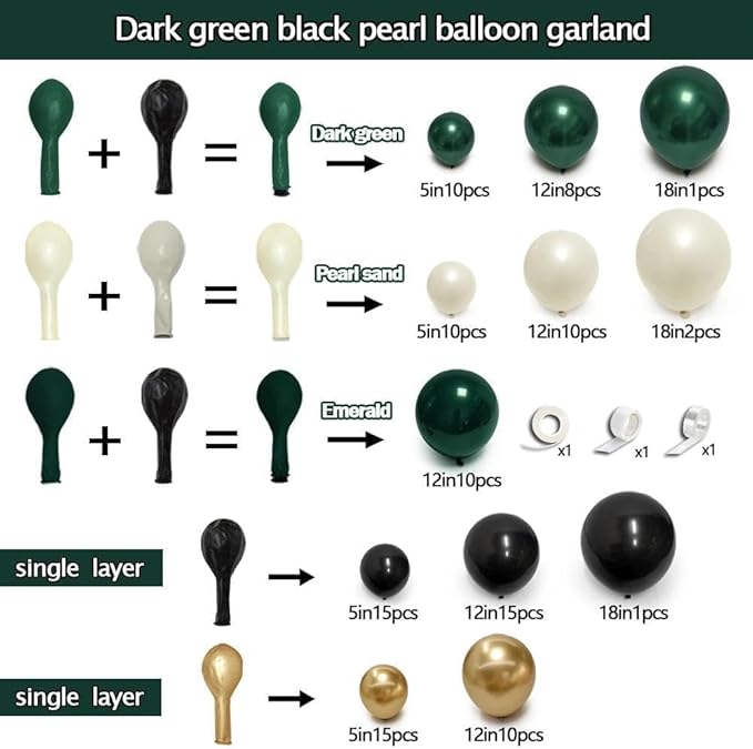 Dark Green Black Balloon Arch Double Stuffed Emerald Hunter Green, Pearl White Sand Gold Balloon Garland Kit for Birthday Wedding Anniversary Bridal Baby Shower Graduation Party Decoration